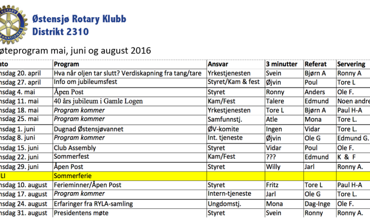 Oppdatert møteprogram ut august 2016